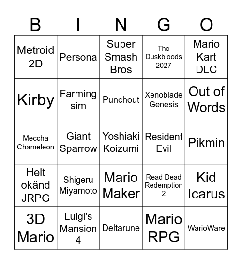 Nintendo Direct 9/9 Bingo Card