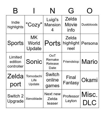 Nintendo September 2026 Direct Bingo Card