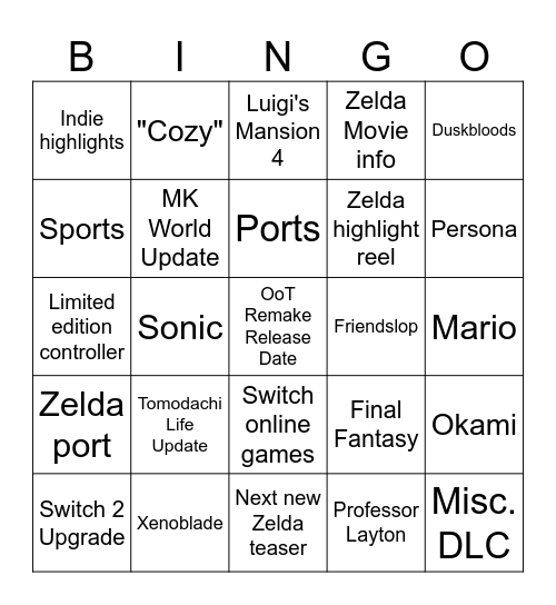 Nintendo September 2026 Direct Bingo Card