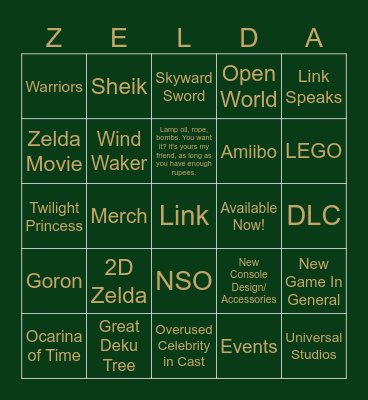 Legend of Zelda 40th Anniversary 09/08/26 Bingo Card