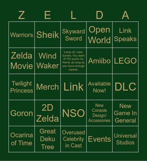Legend of Zelda 40th Anniversary 09/08/26 Bingo Card