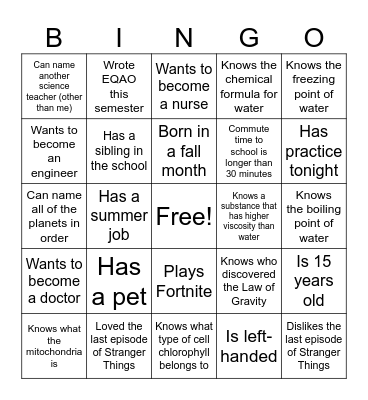Grade 9 Science BINGO (ice breaker) Bingo Card