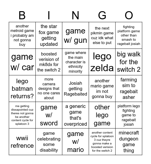 nintendo direct sept. 2026 Bingo Card