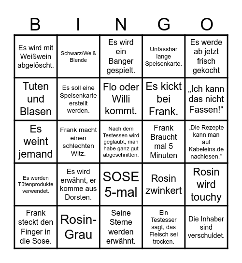 Rosins Restaurant Bingo Card