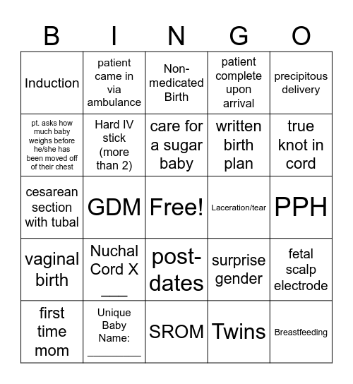 Labor and Delivery Bingo Card