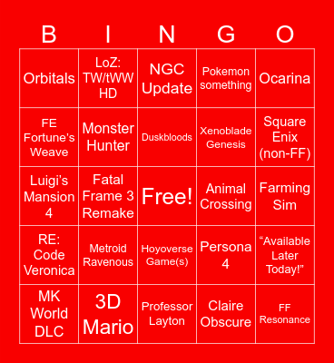 Nintendo Direct 9-9-26 Bingo Card
