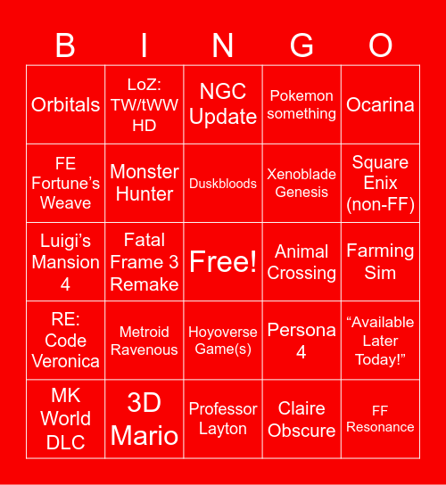 Nintendo Direct 9-9-26 Bingo Card