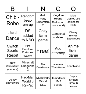 Nintendo Direct Bingo Card