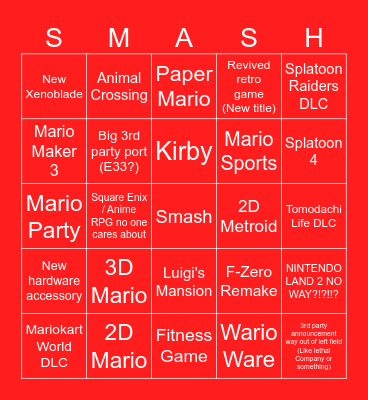 Nintendo Direct Bingo Card