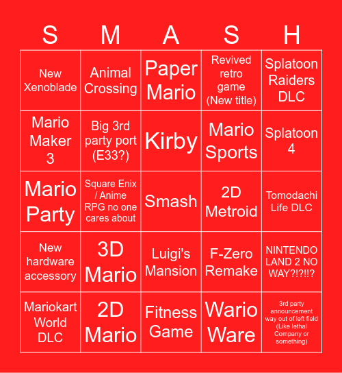 Nintendo Direct Bingo Card