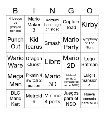 Nintendo Bingo Card
