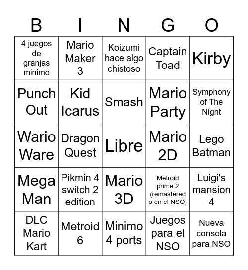 Nintendo Bingo Card