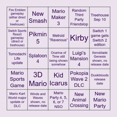 Nintendo Direct Bingo Card