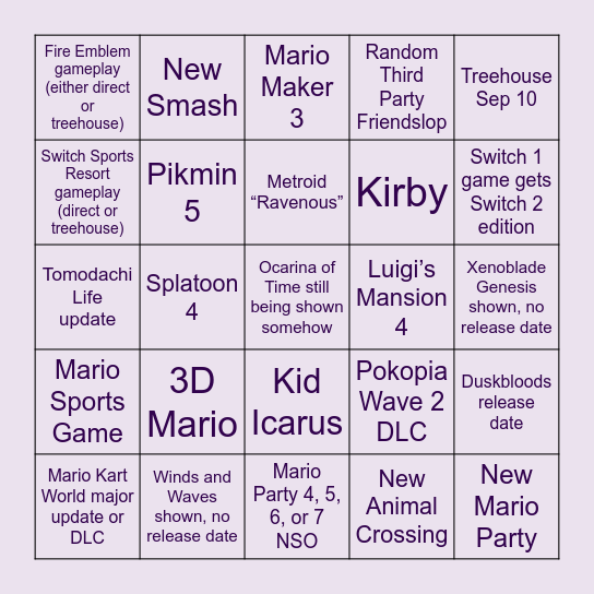 Nintendo Direct Bingo Card
