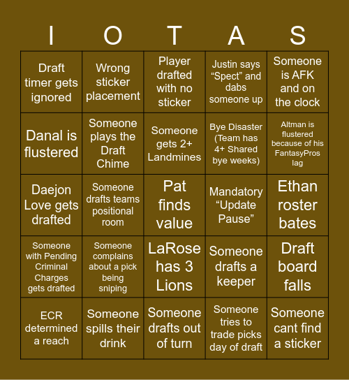 Fantasy Football Bingo Card