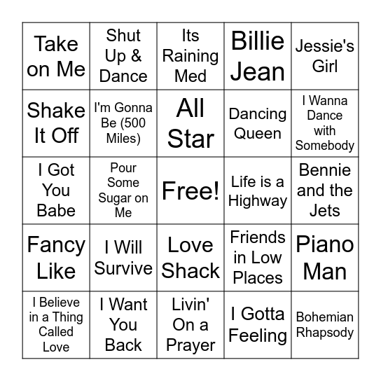 Greatest Sing-Along Songs Bingo Card