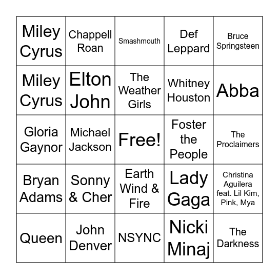 Greatest Sing Along Songs- Artist Bingo Card
