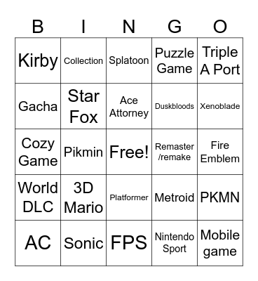 Nintendo Direct Bingo Card