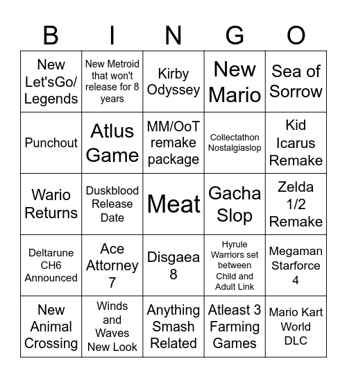 September 8-9 Nintendo Direct Bingo Card