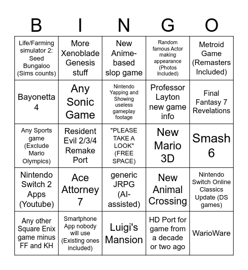 Nintendo Direct 09.09.2026 BINGO Card