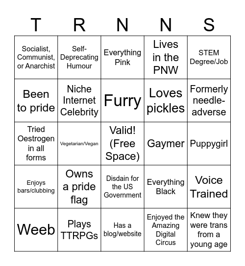 Transgender Bingo Card