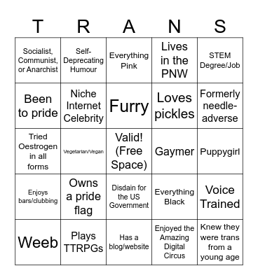Transgender Bingo Card