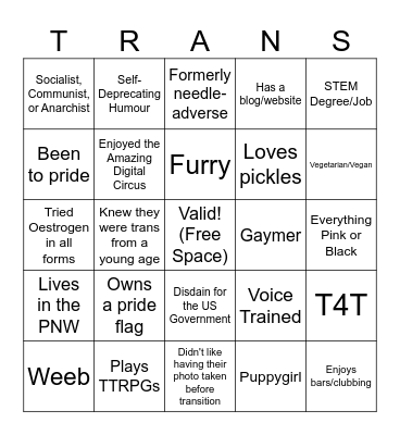 Transgender Bingo Card