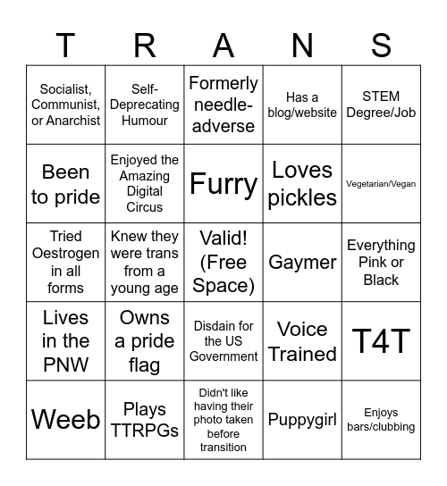 Transgender Bingo Card
