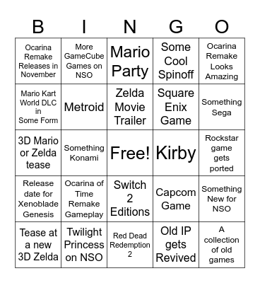 Nintendo Direct Bingo Card