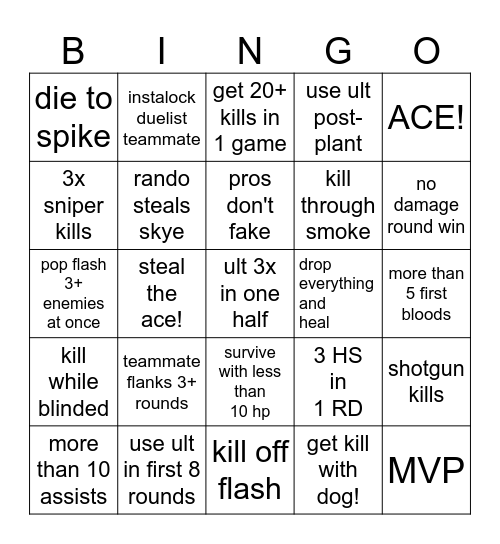 Valorant Skye Bingo Card