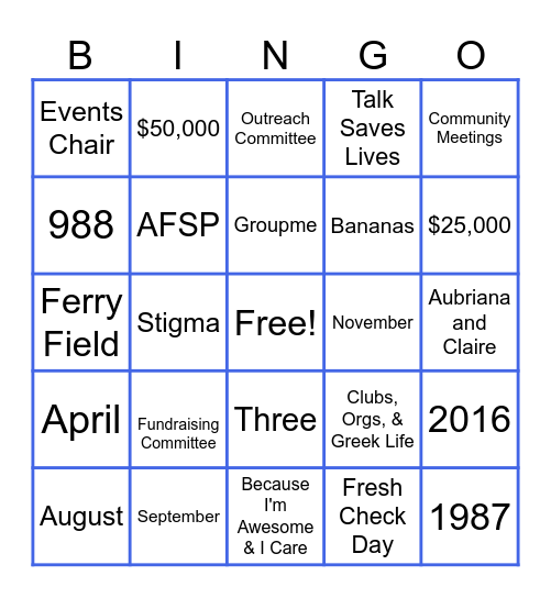 AFSPUM Mass Meeting Bingo Card
