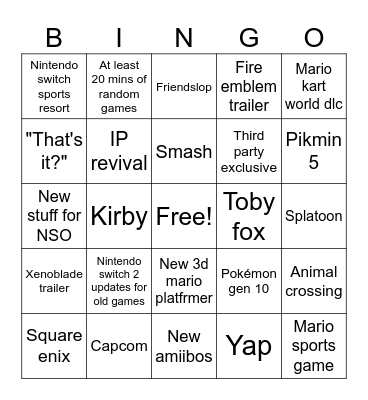 Nintendo direct 9/9/2026 Bingo Card