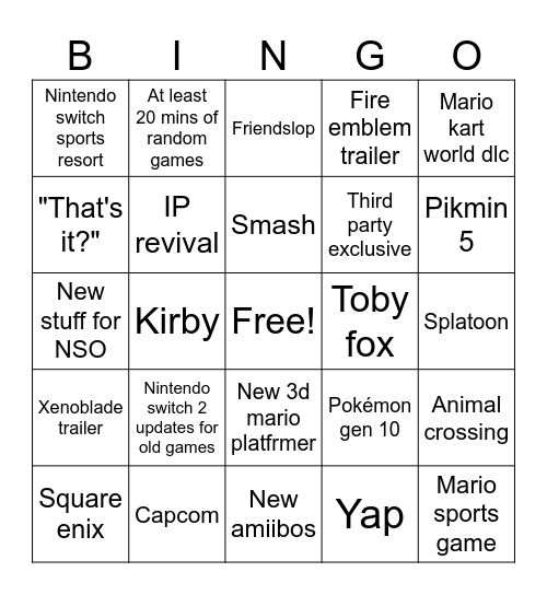 Nintendo direct 9/9/2026 Bingo Card