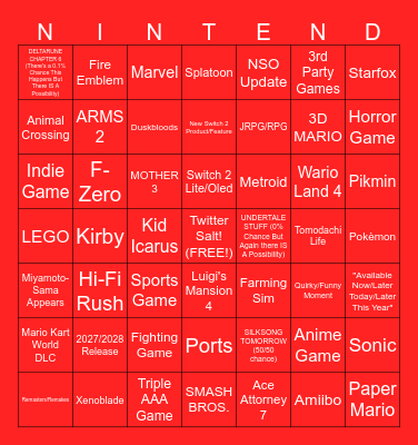 9.9.26 NINTENDO DIRECT BINGO!!! (by Nomo😋) Bingo Card