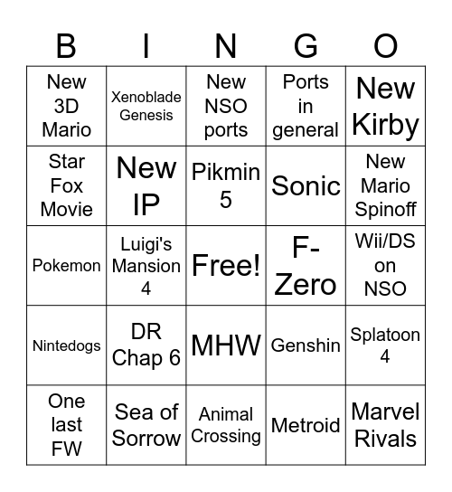 Sept 2026 Nintendo Direct Bingo Card