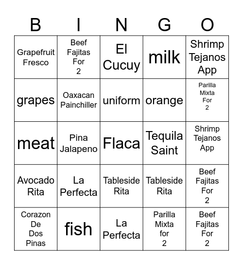 Restaurant Bingo Card