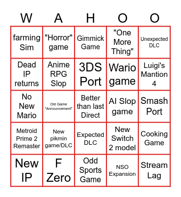 Nintendo Bingo Card
