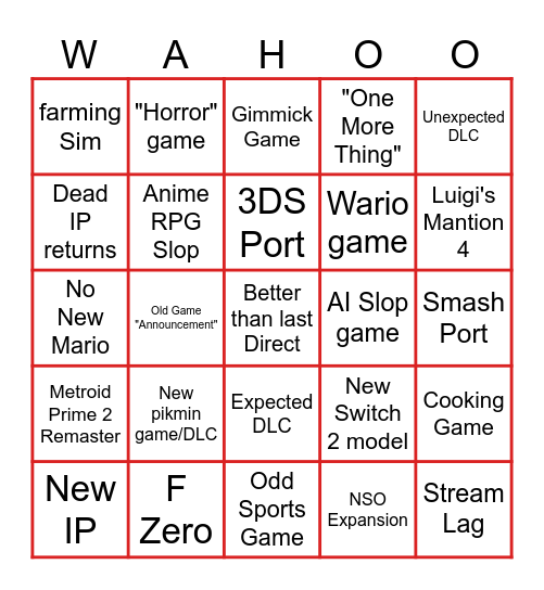 Nintendo Bingo Card