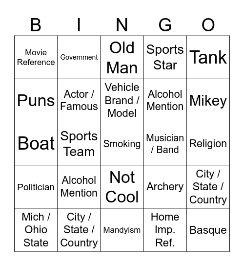 Last Man Standing Bingo Card