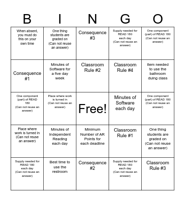 Expectations Bingo Card