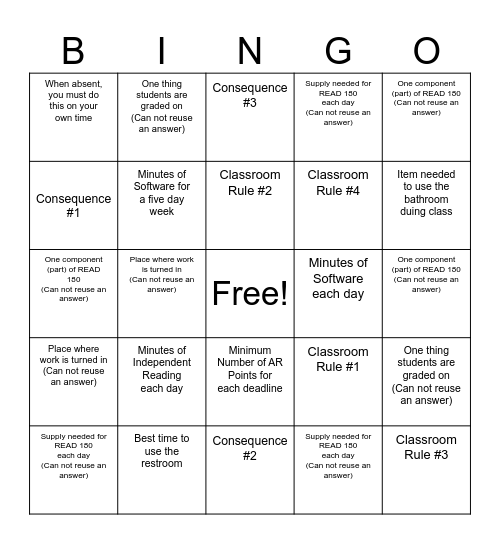Expectations Bingo Card
