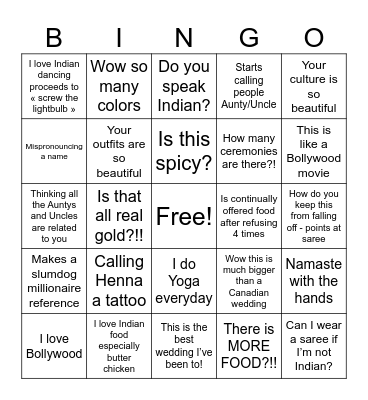 White ppl at a Brown wedding Bingo Card