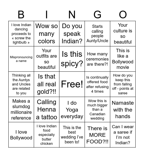White ppl at a Brown wedding Bingo Card