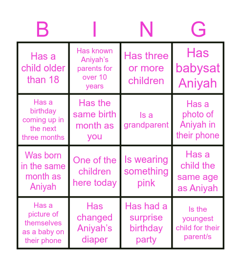 Aniyah's Birthday Bingo Card