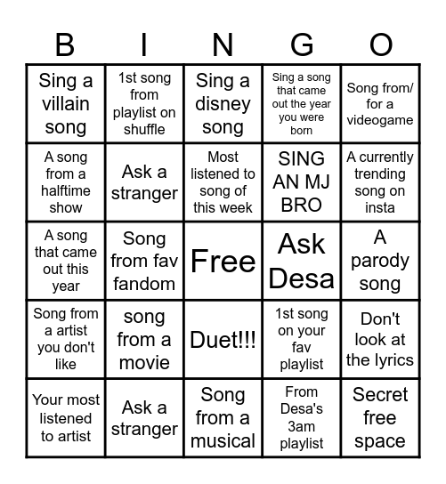 Song Karaoke Bingo!! Bingo Card