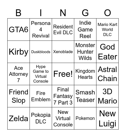 9/11 Nintendo Direct Bingo Card