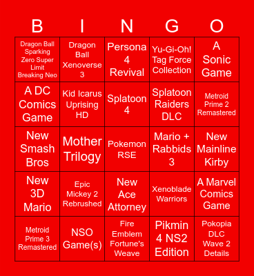 Nintendo Direct 9/9/2026 Bingo!!! Bingo Card