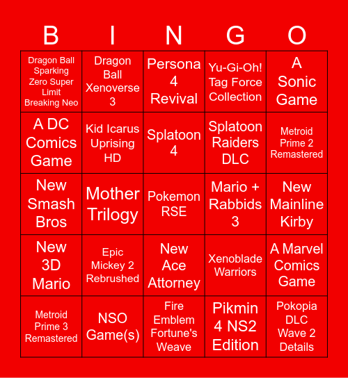 Nintendo Direct 9/9/2026 Bingo!!! Bingo Card