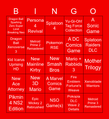 Nintendo Direct 9/9/2026 Bingo!!! Bingo Card