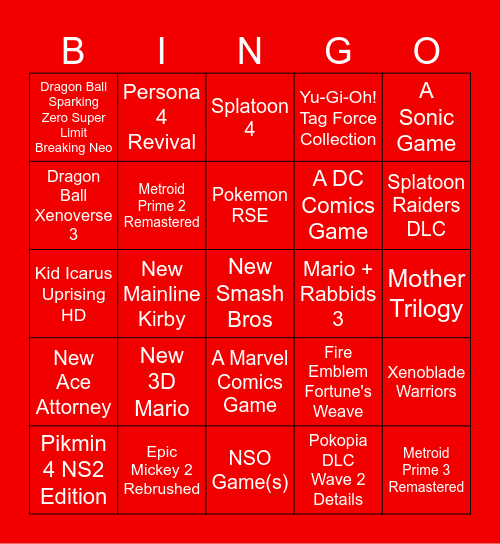 Nintendo Direct 9/9/2026 Bingo!!! Bingo Card